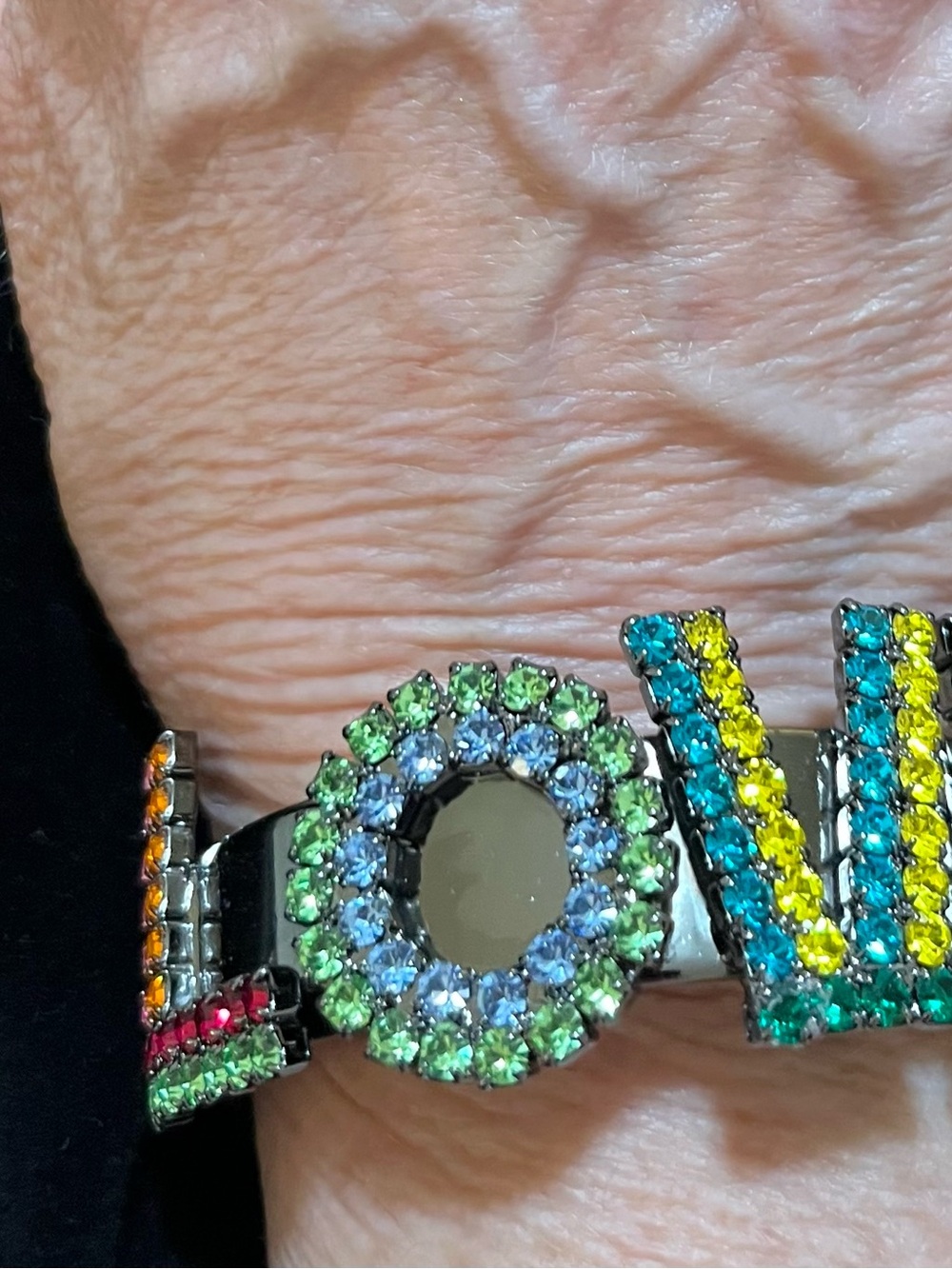 TOVA La La LOVE cuff bracelet Multicolor crystals. NWT. Gunmetal adjustable cuff - Picture 5 of 6